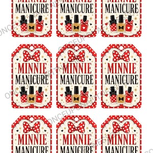 May include: Nine rectangular gift tags with a red and white polka dot border. Each tag features a red polka dot bow, the text MINNIE MANICURE in red and black, and three nail polish bottles decorated with bows and hearts on a cream background.