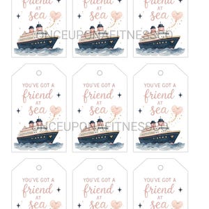 May include: Nine rectangular gift tags featuring a watercolor illustration of a cruise ship on blue water. Above the ship, the text reads YOU'VE GOT A friend AT sea in pink and black, accompanied by a pink heart-shaped balloon and small stars.