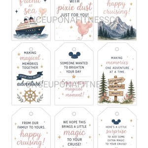 Könnte beinhalten: Ein Set aus neun rechteckigen Geschenkanhängern mit abgerundeten oberen Ecken und einem Loch. Jeder Anhänger zeigt Aquarellillustrationen von Kreuzfahrtschiffen, Bergen, Ankern und Luftballons sowie Texte wie 'happy cruising' und 'magical memories'.