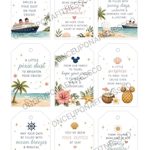 May include: A set of nine rectangular gift tags featuring nautical and tropical illustrations including cruise ships, palm trees, hibiscus flowers, seashells, pineapples, and coconuts. Each tag contains inspirational text about cruises and magic.