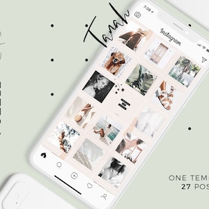 Puede incluir: Una pantalla de teléfono que muestra una plantilla para un feed de rompecabezas de Instagram. La plantilla está compuesta por 27 cuadrados individuales, cada uno con una imagen diferente. Las imágenes son una mezcla de fotos de naturaleza, moda y estilo de vida. El texto "One Template 27 Posts" se muestra en la parte inferior de la pantalla.