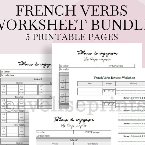 french french verbs worksheet bundle etsy