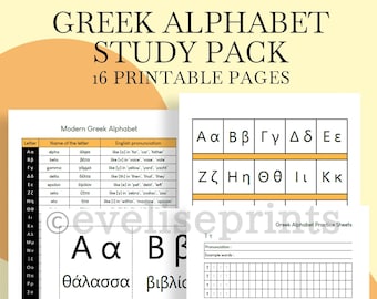 Greek | Modern Greek Alphabet Study Pack - Practice Sheets, Alphabet Charts, Cursive Writing Practice Sheet, Flashcards