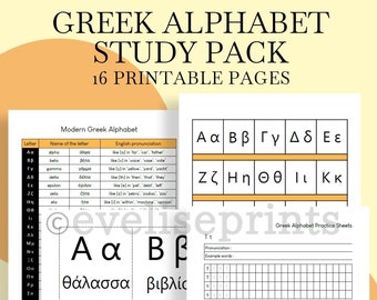 Greek | Modern Greek Alphabet Study Pack - Practice Sheets, Alphabet Charts, Cursive Writing Practice Sheet, Flashcards