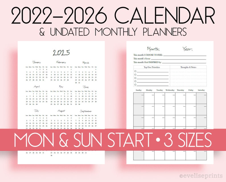 2022 2023 2024 2025 2026 Calendar Monthly Overview - Etsy 日本