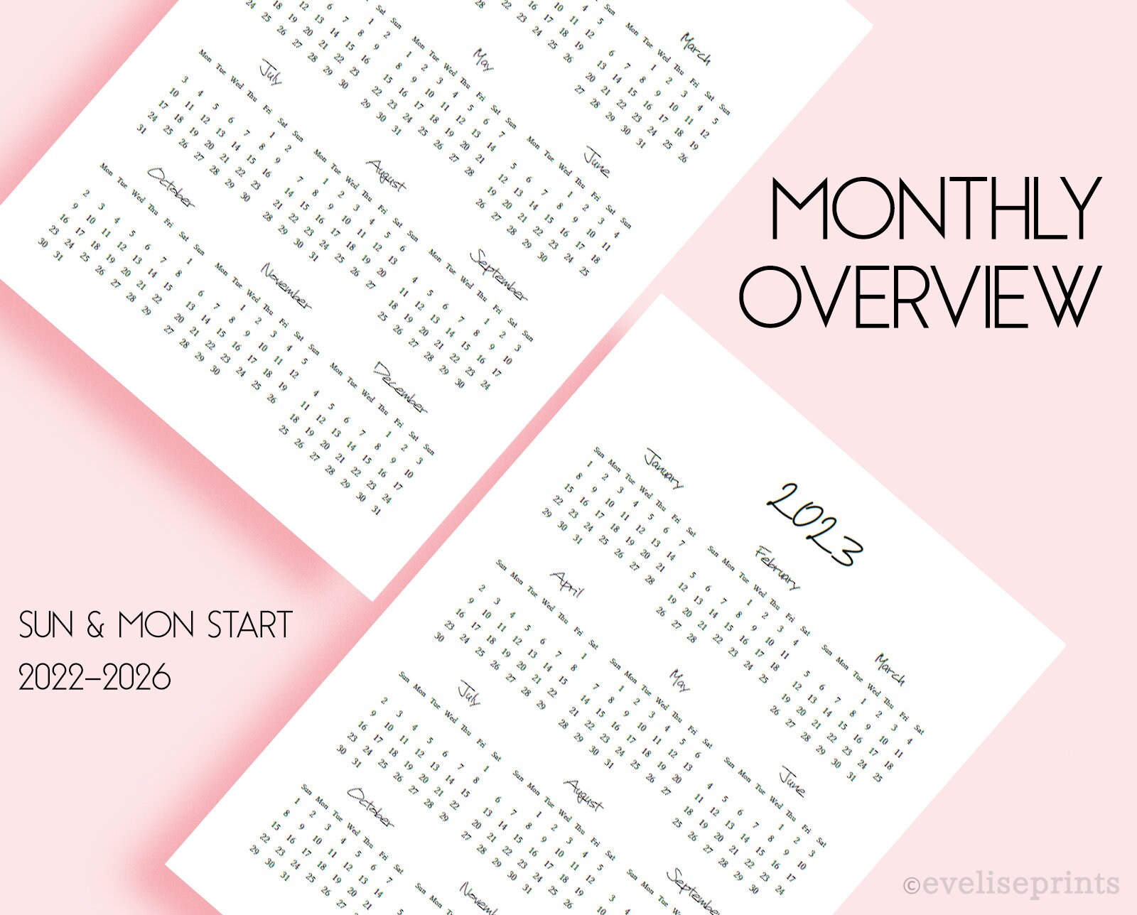 2022, 2023, 2024, 2025, 2026 Calendar Monthly Overview Undated Monthly