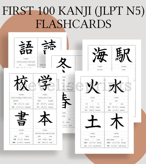 Japanese First 100 Kanji JLPT N5 Flashcards printable Etsy