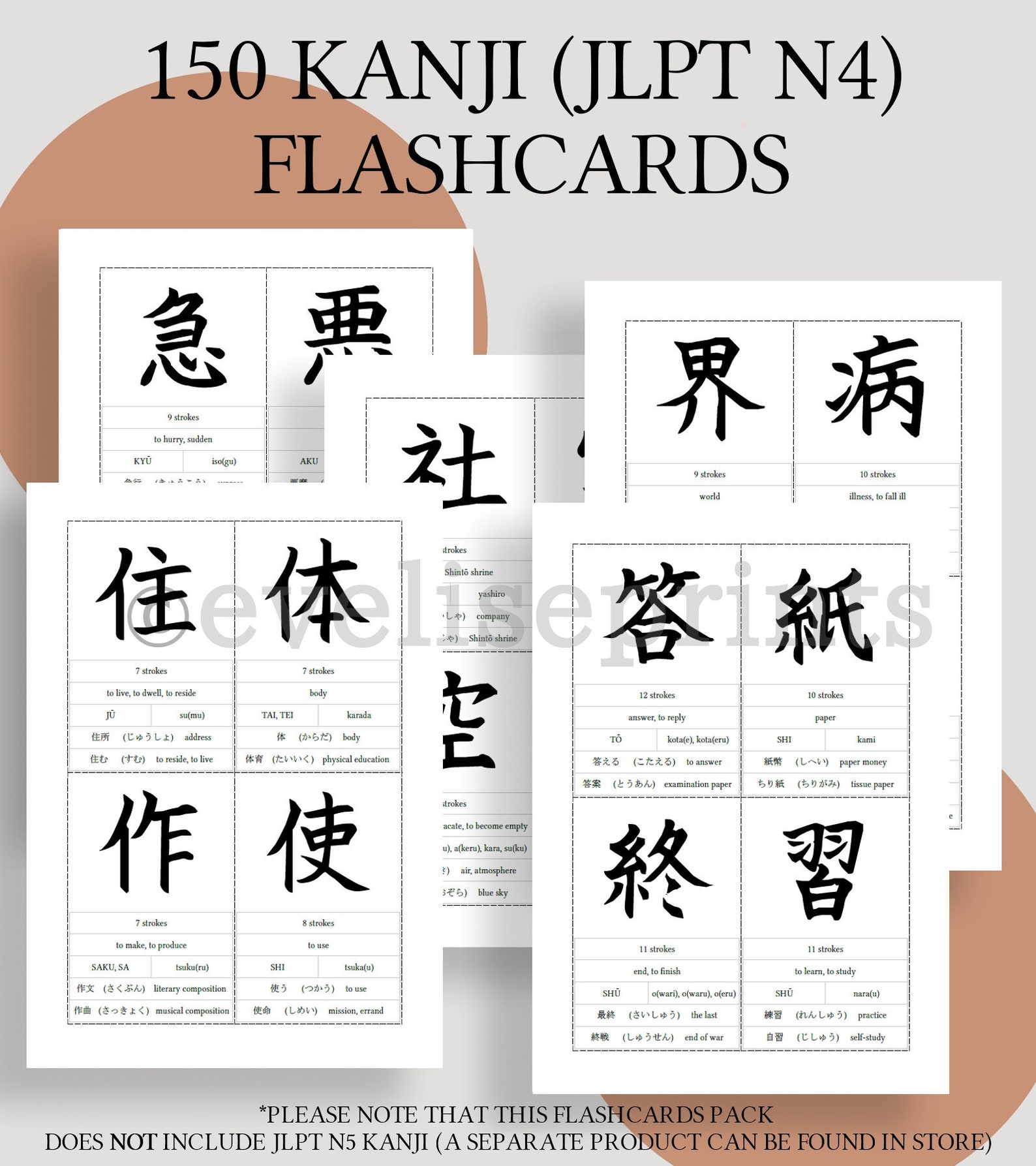 Japanese 150 Kanji beginner & Intermediate JLPT N4 Flashcards printable