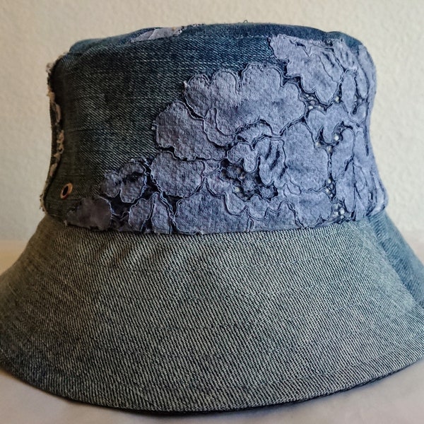 Sombrero de cubo de encaje de mezclilla Sombrero de patchwork de mezclilla reciclado Arte de jeans