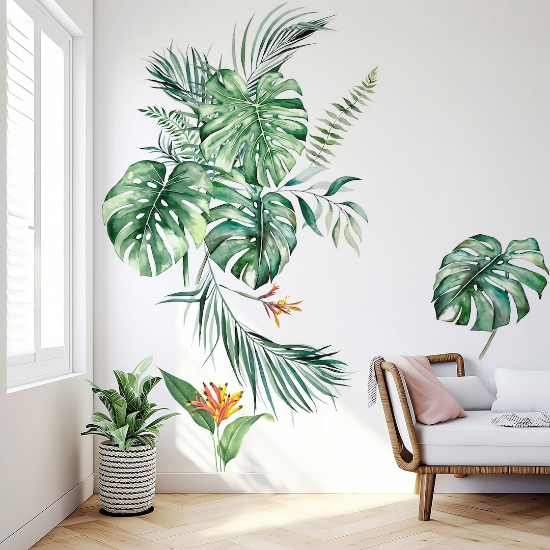 Tropical Wall Decal Green Leaves Wall Sticker Tropical Wall Etsy