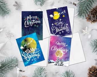 Starry Skies Watercolor Christmas Cards set of 4, Merry Christmas and Happy New Year Cards Holiday Greeting Card Pack Christmas Forest Cards