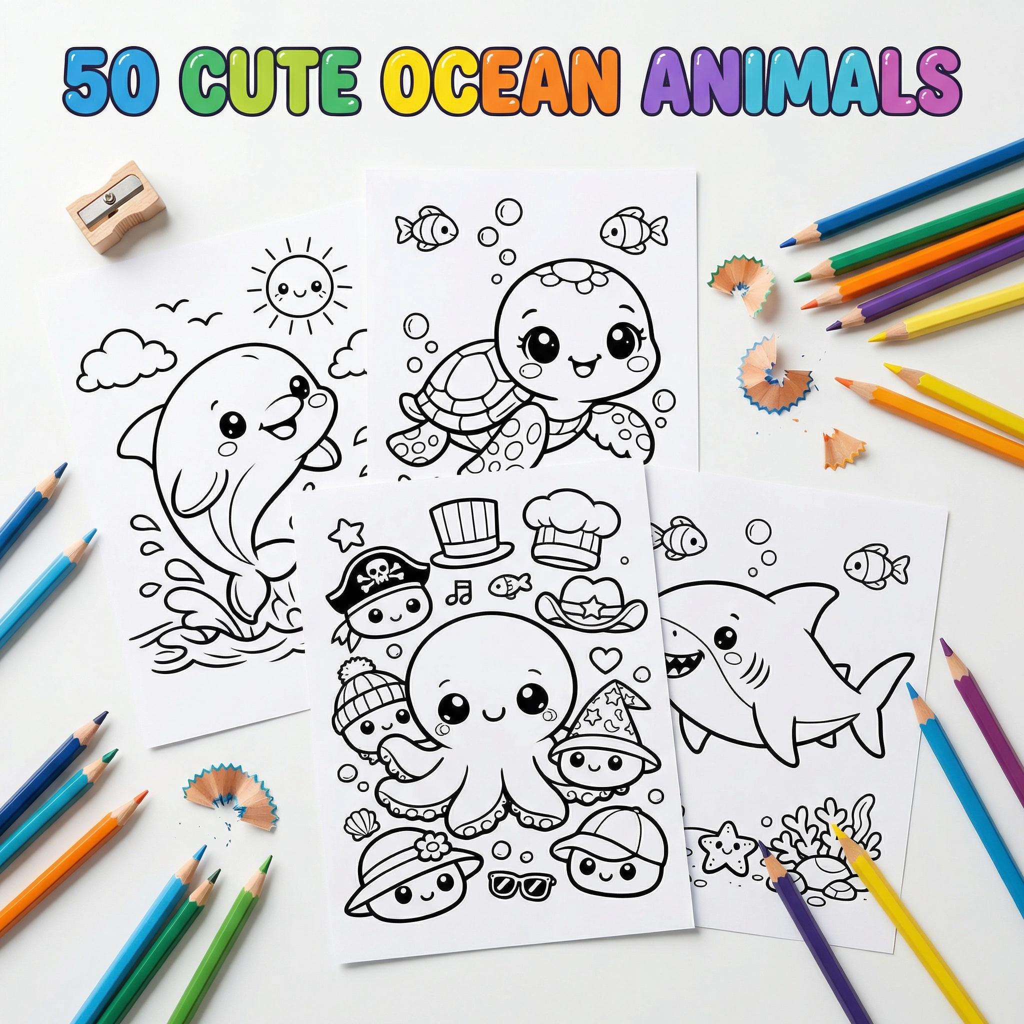 Cute Ocean Animals Coloring Book | 50 Cute Sea Creatures | Printable ...