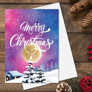 Starry Skies Aquarelle Cartes de Noël ensemble de 4, Joyeux Noël et Joyeux Nouvel An Cartes de Vœux Pack Cartes lune