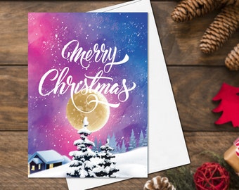 Starry Skies Watercolor Christmas Cards set of 4, Merry Christmas and Happy New Year Cards Holiday Greeting Card Pack Moon Cards