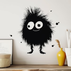 Adorable sticker mural noir pelucheux monstre pour chambre d'enfant - Sticker mural en vinyle avec personnage de dessin animé mignon - Décoration de chambre à coucher pour chambre d'enfant
