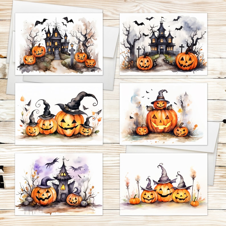 Watercolor Halloween Card Set, Fall Pumpkin Note Cards - Etsy