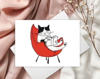 Cozy Cat Reading Card – Whimsical Book Lover Art