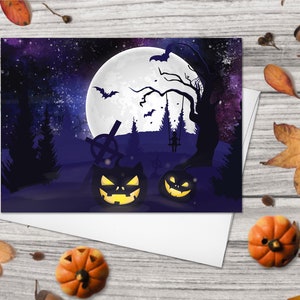 Happy Halloween Greeting Card Set of 4 - Starry Night Sky Spooky Trees Scary Pumpkins Bats Full Moon Cards Halloween card Halloween Gifts