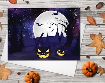 Halloween Greeting Card Set – Starry Night, Spooky Pumpkins (Set of 4)