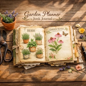 Può includere: Diario di pianificazione del giardino aperto con illustrazioni di erbe e note di giardinaggio. Il diario è aperto su una superficie di legno con un piccolo vaso di terracotta con lavanda, forbici vintage e una penna. Le pagine del diario sono invecchiate con bordi in pizzo.