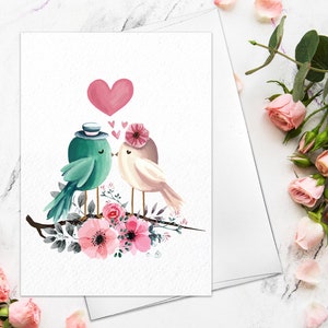 Carte de saint-Valentin - Aquarelle Love Birds Card pour petit ami petite amie Couple Fiançailles Mariage Mignon Saint-Valentin Carte de vœux