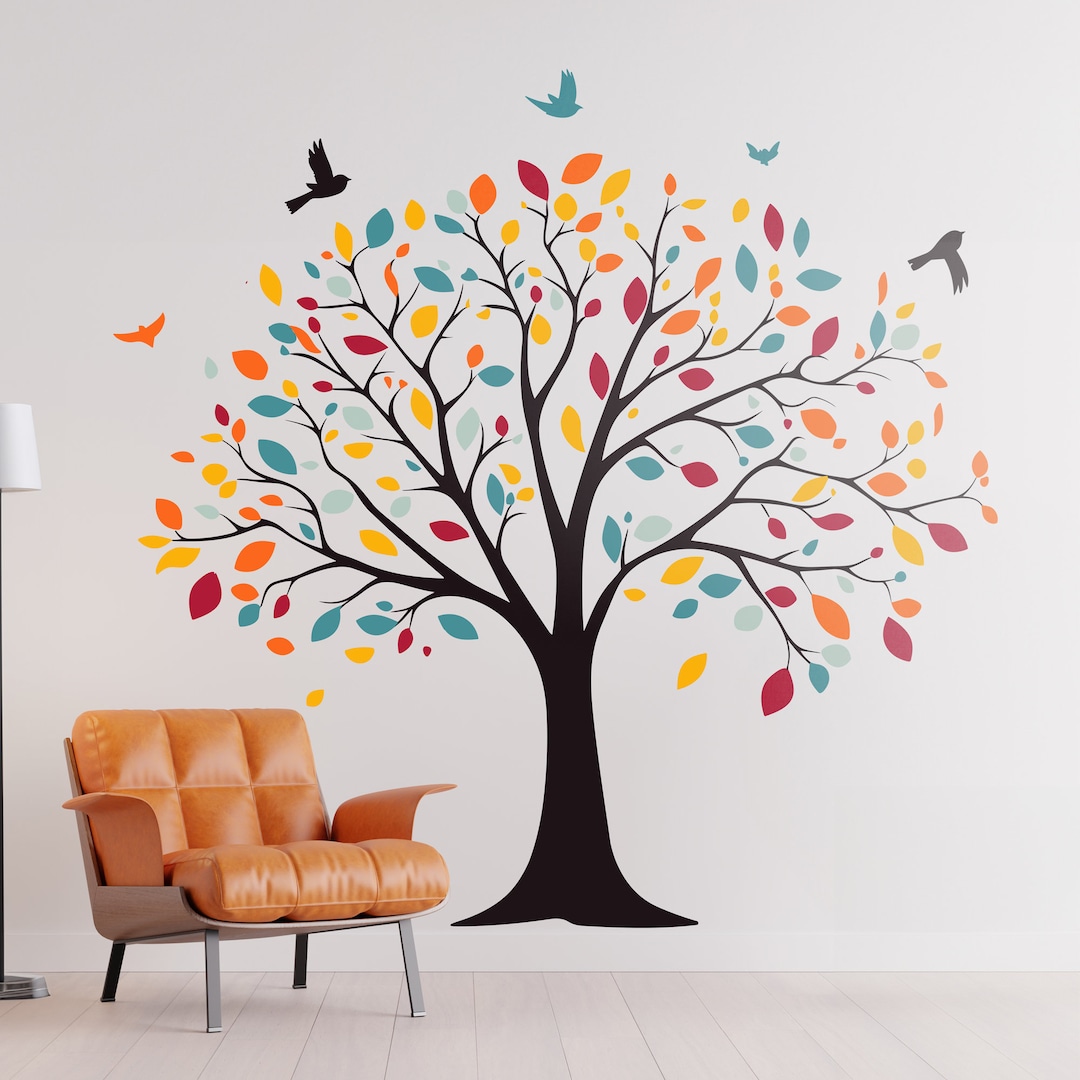 Large Tree With Birds Removable Wall Decal – Vibrant Fall Colors Leaf ...