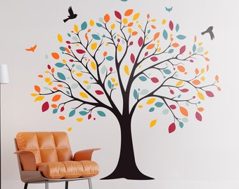 Large Tree with birds Removable Wall Decal – Vibrant Fall Colors Leaf Wall Sticker, Nature Inspired Home Decor for Living Room & Nursery