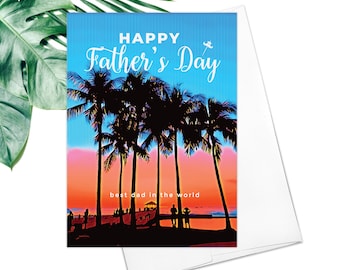 Happy Father's Day Fine Art Greeting Card Friendship Hawaii Beach Tree Greeting Card Watercolor Sunset Card Palm Tree Father's Day Gift