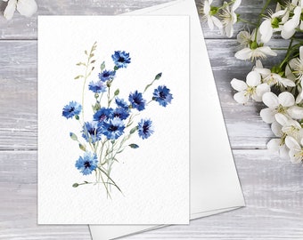 Flower Floral blue daisy chrysanthemum Watercolour Card Flower Greeting Cards Anniversary Mother's day Valentines Day Blank Greeting Card