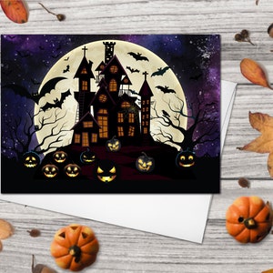 Happy Halloween Greeting Card Set of 4 - Starry Night Sky Spooky Castle Scary Pumpkins Bats Full Moon Cards Halloween card Halloween Gifts imagen 1