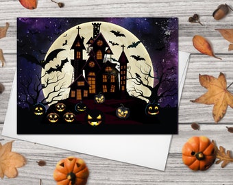 Halloween-Grußkarten – Gruselschloss, Kürbisse, Fledermäuse, Vollmond (4er-Set)