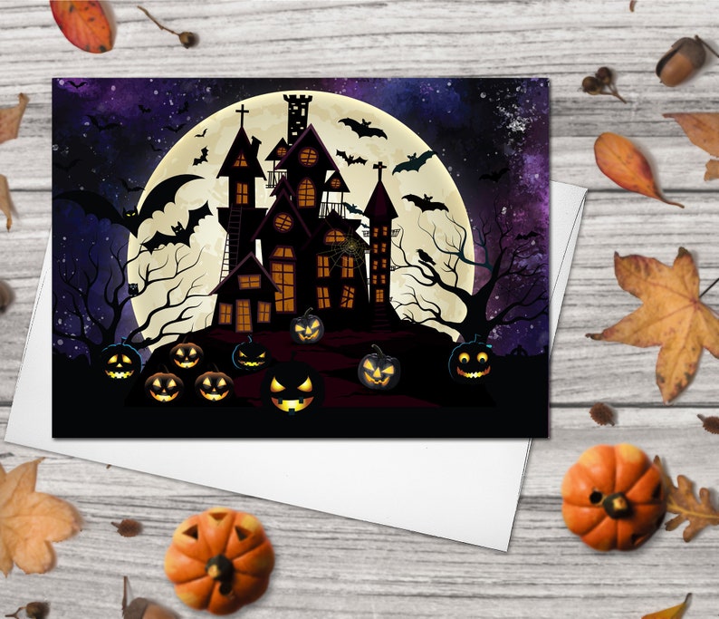 Happy Halloween Greeting Card Set of 4 - Starry Night Sky Spooky Castle Scary Pumpkins Bats Full Moon Cards Halloween card Halloween Gifts imagen 1