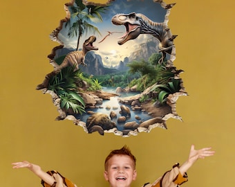 Personalized Dinosaur Adventure Wall Decal for Kids Room, Nursery, Classroom - 3D-Look Breakout Wallpaper Sticker
