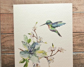 Watercolor Spring flowers & Hummingbird (Set of 2) - Valentines Day Wedding Love Anniversary Card /Thank you Card