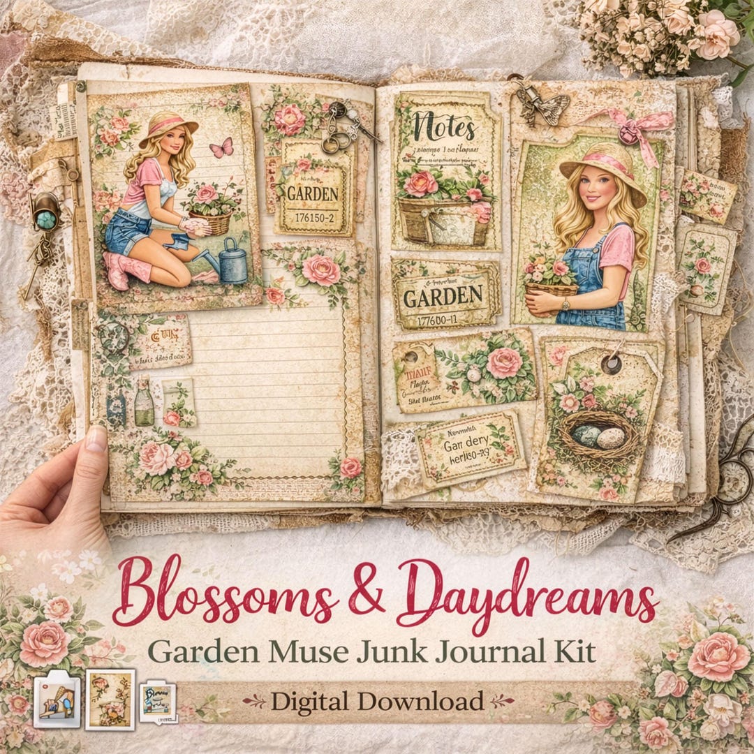 Vintage Girls Garden Junk Journal Kit | Botanical Ephemera (digital ...