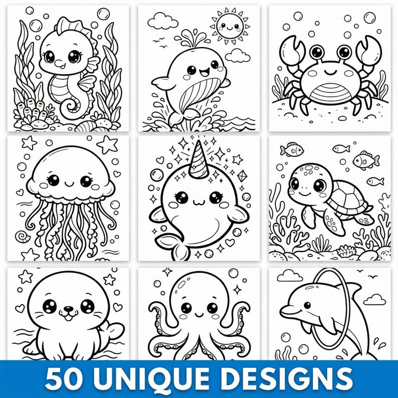 Cute Ocean Animals Coloring Book | 50 Cute Sea Creatures | Printable ...