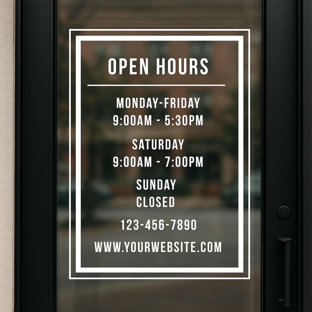 Custom Business Hours Window Decal – Modern Storefront Glass Door Vinyl ...