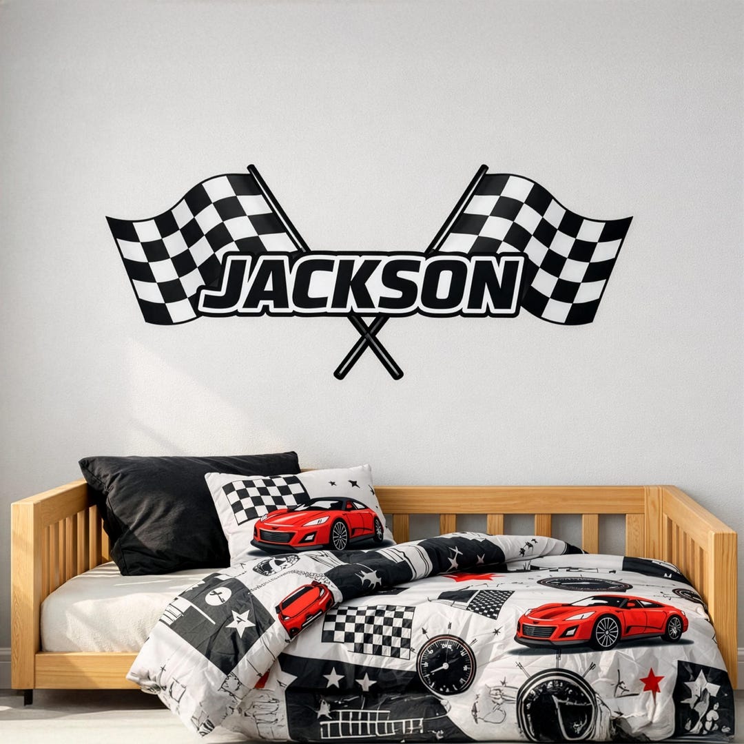 Room Racing Flags Personalized Racing Flags Wall Decal | Custom Name Vinyl Sticker for ...