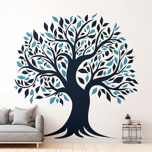 May include: A large, dark blue tree silhouette with teal leaves on a white wall. The tree is a popular design element for home decor.