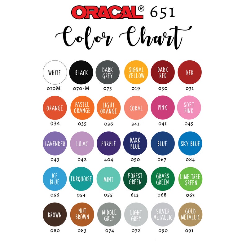 Puede incluir: Carta de colores para vinilo Oracal 651, que muestra una variedad de colores en c&iacute;rculos con sus n&uacute;meros y nombres correspondientes. Los colores incluyen blanco, negro, gris oscuro, amarillo se&ntilde;al, rojo oscuro, rojo, naranja, naranja pastel, naranja claro, coral, rosa, rosa suave, lavanda, lila, morado, azul oscuro, azul, azul cielo, azul hielo, turquesa, menta, verde bosque, verde hierba, verde lima, marr&oacute;n, marr&oacute;n nuez, gris medio, gris claro, plateado met&aacute;lico y dorado met&aacute;lico.