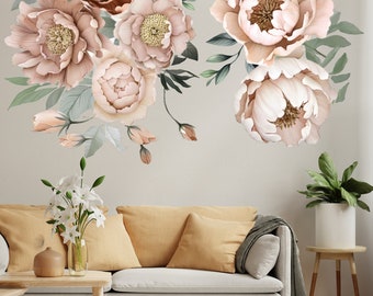 Décalcomanies murales de fleurs de pivoine - décalcomanies de fleurs d’aquarelle pour l’autocollant mural de chambre à coucher de chambre d’enfant de salon, décoration murale d’autocollant de décor de rose