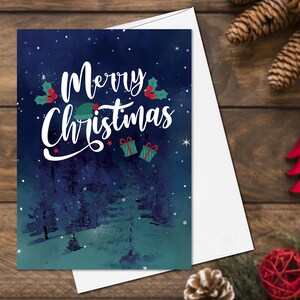 Starry Skies Aquarelle Cartes de Noël ensemble de 4, Joyeux Noël et Joyeux Nouvel An Cartes de vœux Paquet de cartes de Noël Forêt de Noël