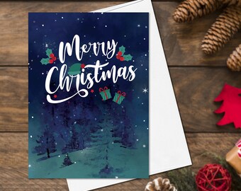 Starry Skies Watercolor Christmas Cards set of 4, Merry Christmas and Happy New Year Cards Holiday Greeting Card Pack Christmas Forest Cards