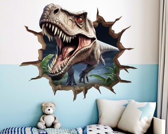3D Dinosaur Wall Decal - Realistic T-Rex Cracked Wall Sticker for Nursery, Kids Room & Play Area, Dinosaur Vinyl Mural