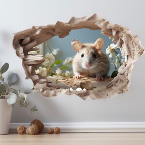 May include: A brown mouse peeking out of a hole in a wall, surrounded by white flowers.