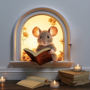 Mouse hole decal, Mouse wall sticker, Mouse Book Lover's vinyl decal, Mouse Reading Decor, Cute Mouse in a hole, Playful Book Mouse Sticker