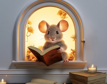 Calcomanía de agujero de ratón, calcomanía de pared de ratón, calcomanía de vinilo para amantes de los libros de ratones, decoración de ratones leyendo, lindo ratón en un agujero, calcomanía de ratón de libro juguetón