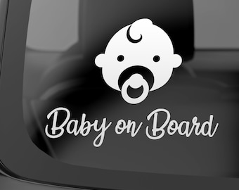 May include: White vinyl sticker with a baby icon and the text "Baby on Board".