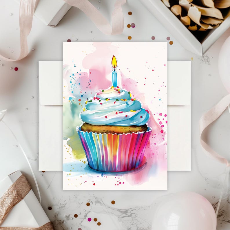 Cupcake Birthday Card – Colorful Celebration Greeting Card With ...