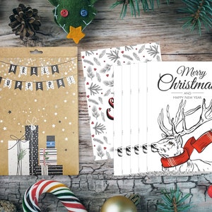 Joyeux Noël et Joyeux Nouvel An Cartes ensemble de 6, Santa’s Reindeer Cartes de vacances Cartes de vœux de vacances Pack cartes de Noël